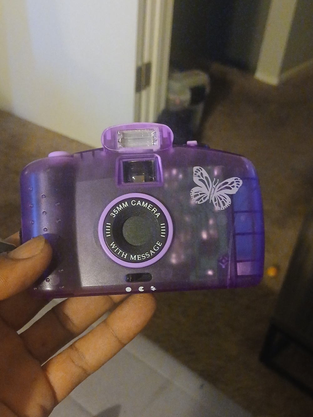 Vintage Translucent Purple 35mm Film Camera with Butterfly Accent Photo Message